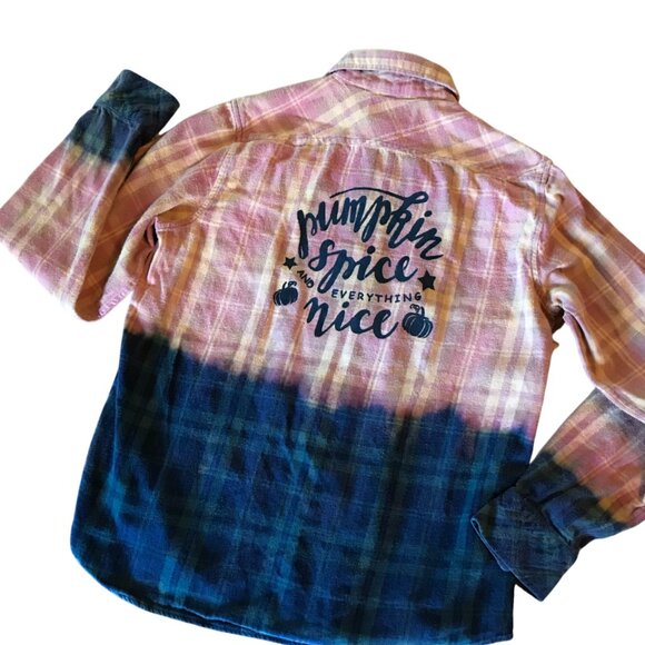Bleached Flannel Autumn Shirt, Size Medium: Upcycled, Painted Pumpkin Spice - Picture 7 of 12